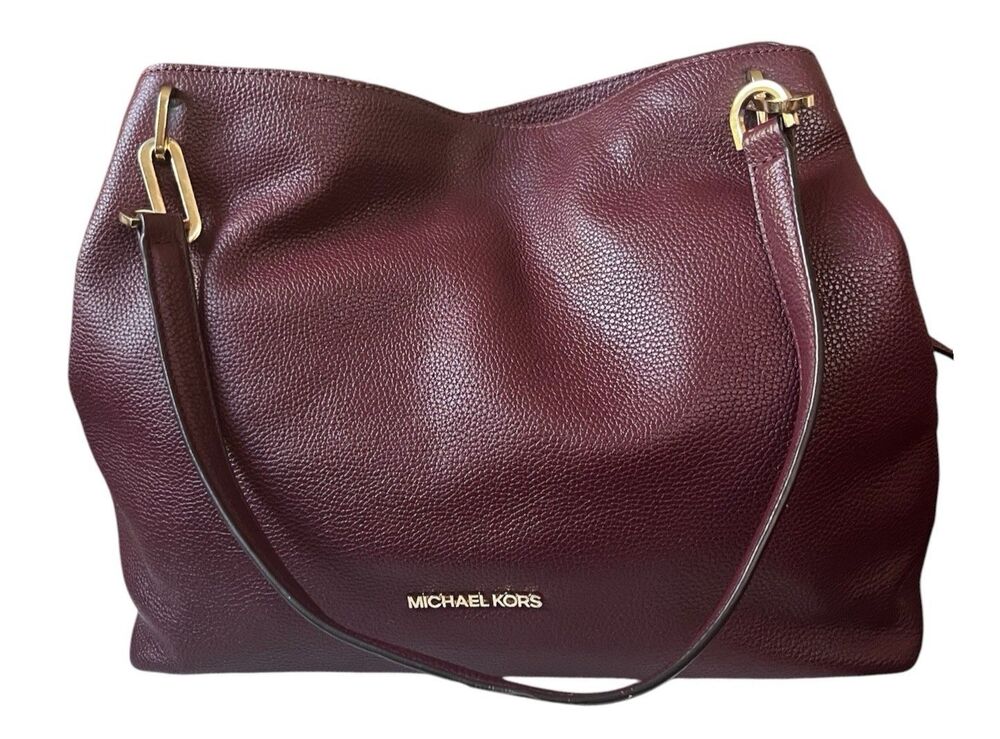 Michael Kors Raven Soft Pebbled Leather Shoulder Bag Burgundy 12x10x6" READ